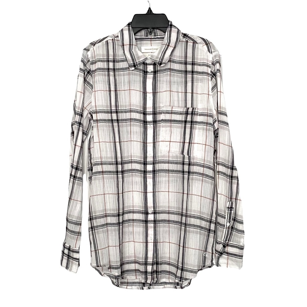 NEW TREASURE & BOND Nordstrom Semi Sheer Boyfriend Fit White Renee Plaid Shirt - Picture 3 of 9